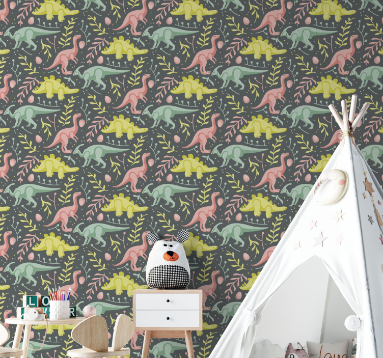 Grønne og grå dinosaurer tapet til børneværelse - TenStickers