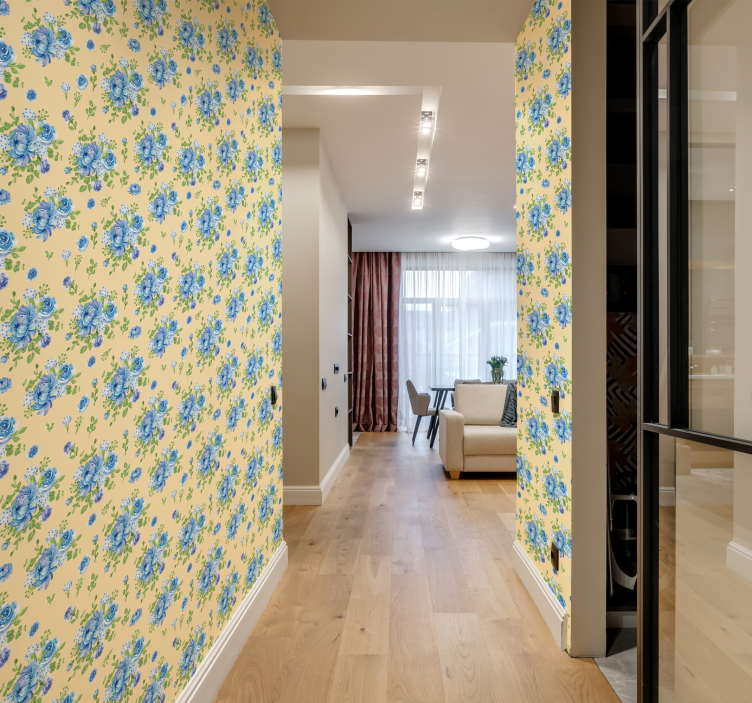 Gul baggrund med blå blomster tapet - TenStickers