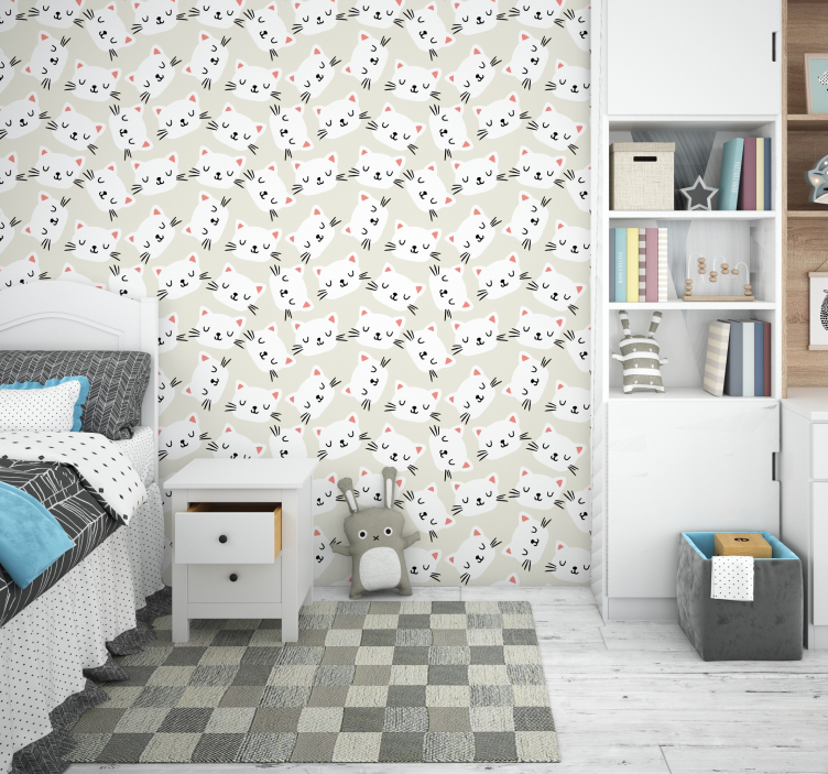 Hvide katte ansigter tegne tapet til børn - TenStickers