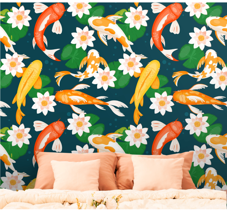 Hvid lotus og fisk blomst tapet - TenStickers