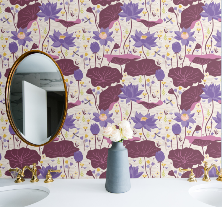 Blåt og lilla mønster blomster tapet - TenStickers