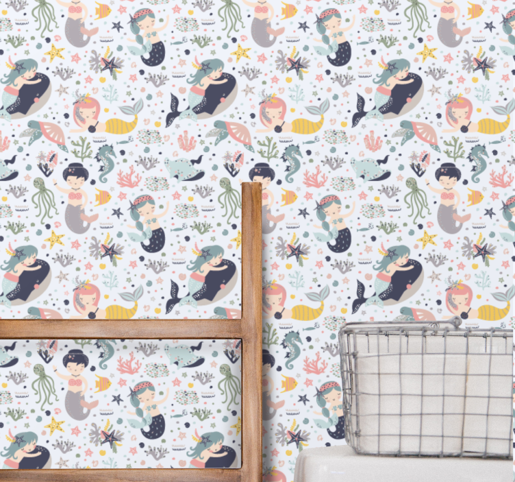 Sød tegneserie havfrue mønster badeværelse tapet - TenStickers