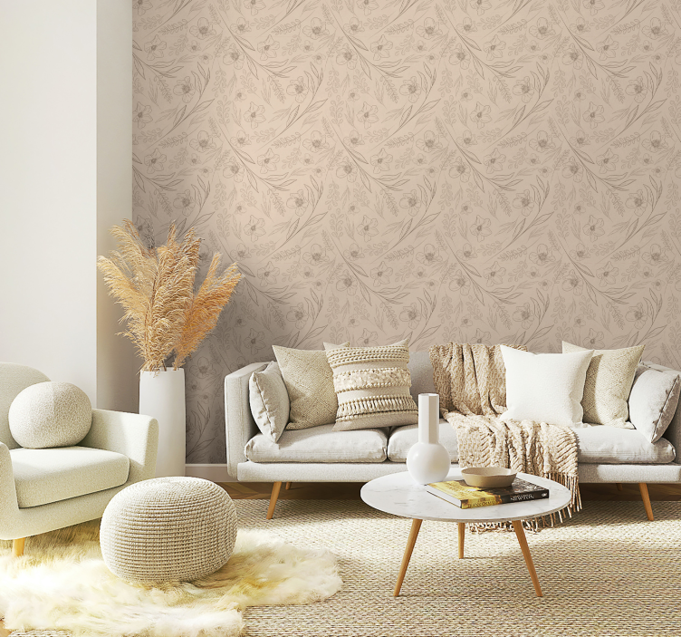 Taupe blomsterprint blomster tapet - TenStickers