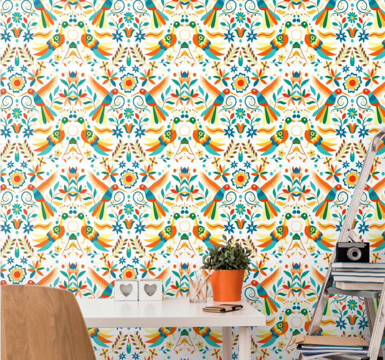 Traditionelt mønster tapet med fugle - TenStickers