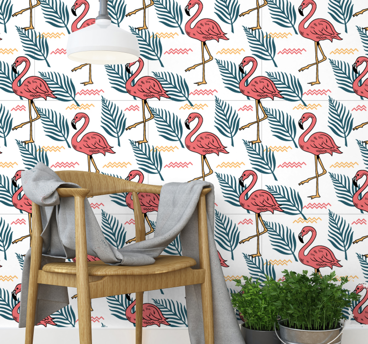 Tropiske blade med flamingoer tapet - TenStickers