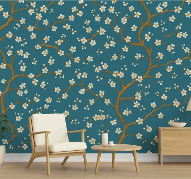 Blomster tapet gyldne blomster i teal - TenStickers