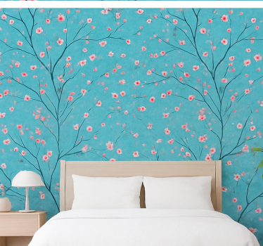 Blomster tapet i teal kirsebærblomster - TenStickers
