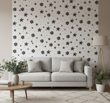 Blomster tapet sort og hvidt blæk mønster - TenStickers