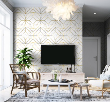 Guld og hvid geometrisk tapet i stuen - TenStickers