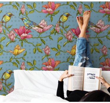 Gule fugle med blomster natur tapet - TenStickers
