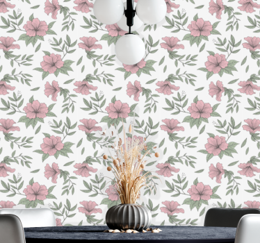 Botaniske lyserøde blomster tapet spisestue - TenStickers