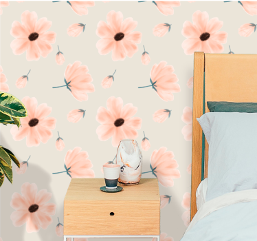 Store blomster aquarelle mønster på beige soveværelse tapet - TenStickers